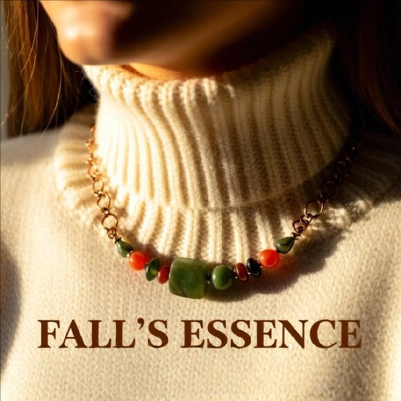 Handmade Asymmetrical Choker! Semi-Precious Stone Beads + Copper! Fall Colors! - Picture 2 of 15